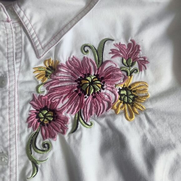 Bob Mackie White Shirt with Pink Yellow Embroidery Long Sleeve Button Up - Picture 6 of 11